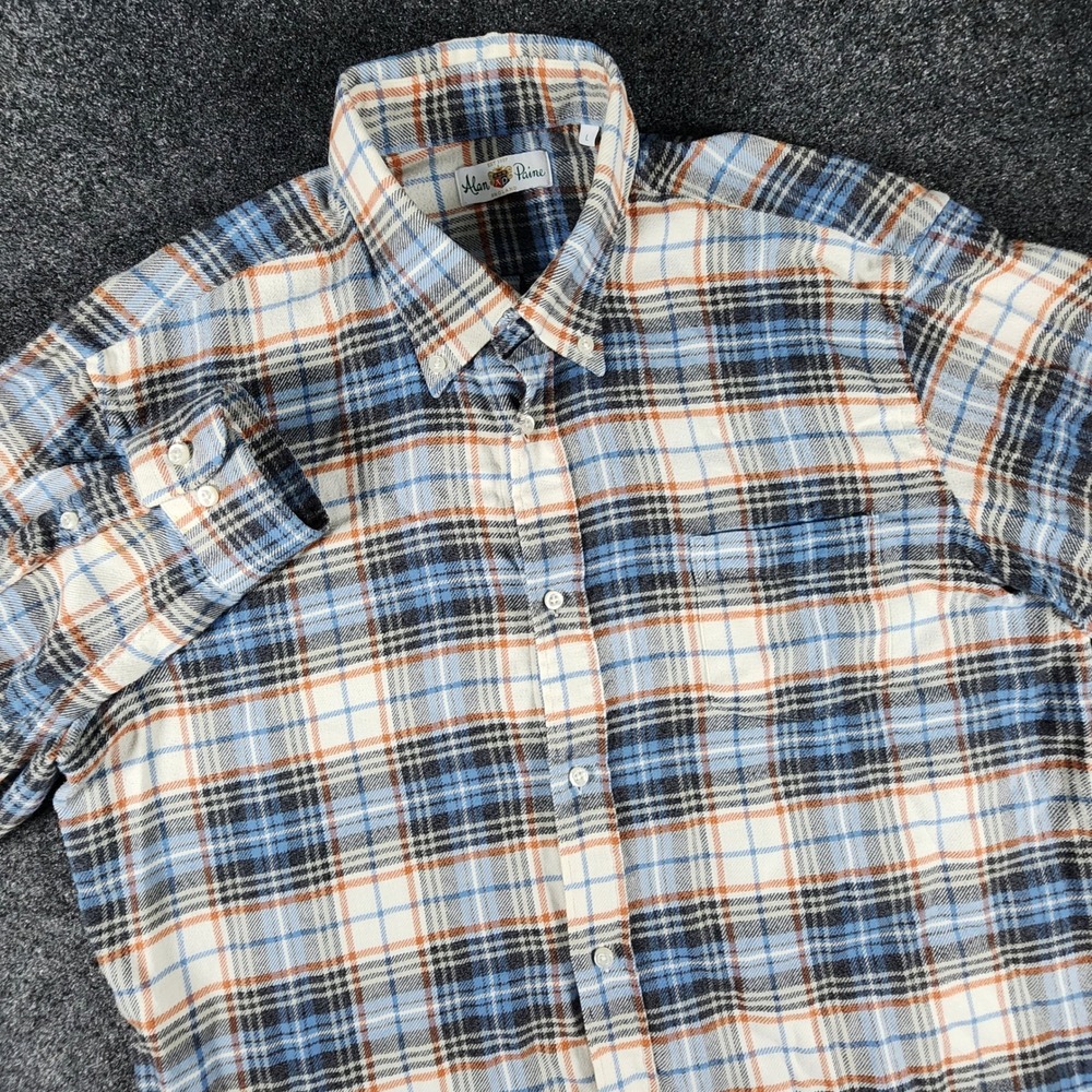 Alan Paine Button Down Plaid Flannel Long Sleeve Shirt Mens Large Blue